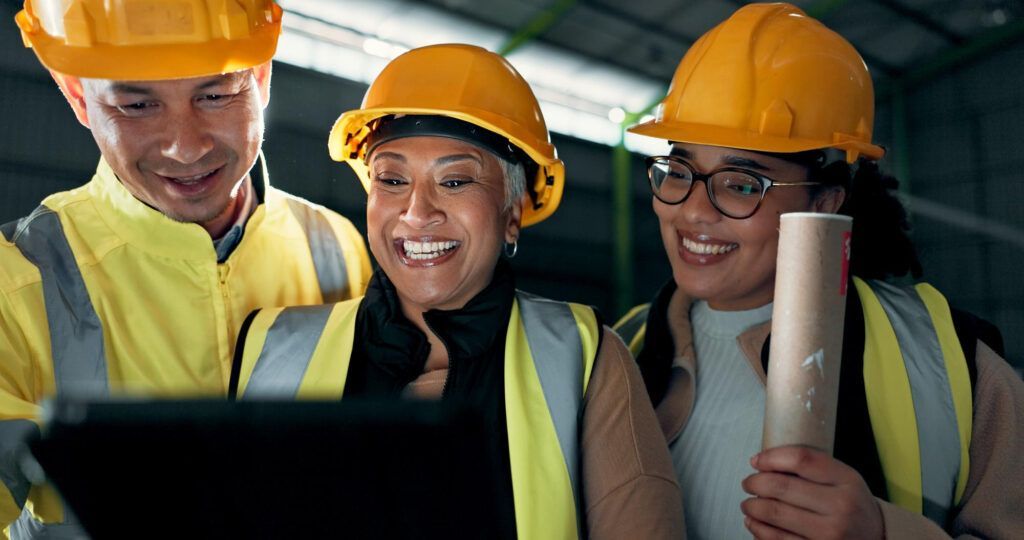 Workers looking on screen